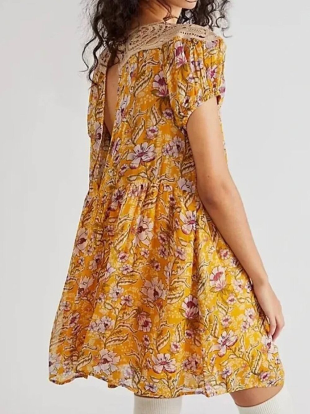 Free People Margot Floral Babydoll Mini Dress XS Yellow Lace Pockets